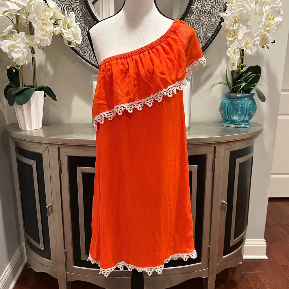 C.C One Shoulder Orange Dress with White Trim
